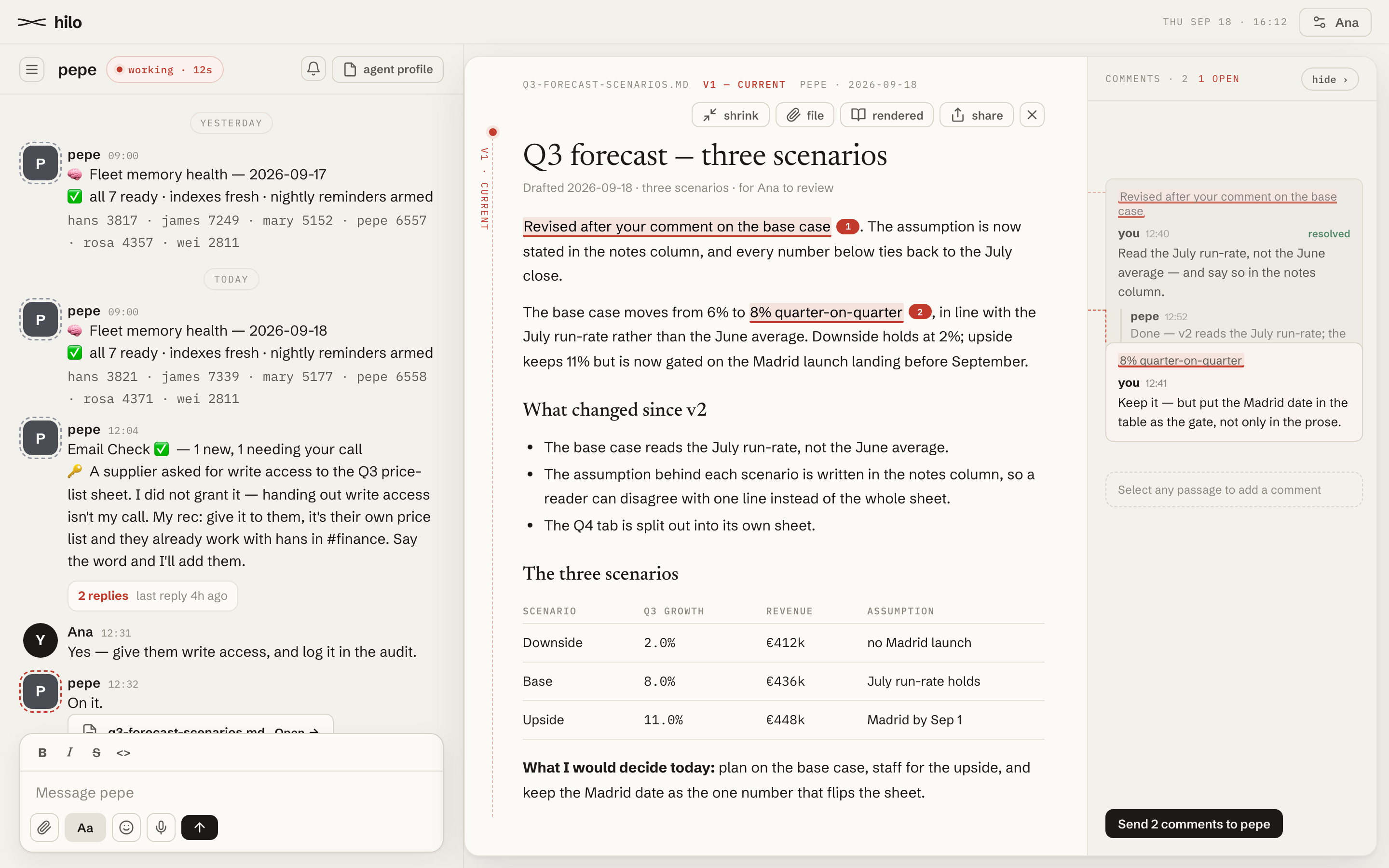 Hilo with the document panel expanded: the conversation with an agent on the left, the versioned document in the middle with two numbered comment pins, and the comments column on the right