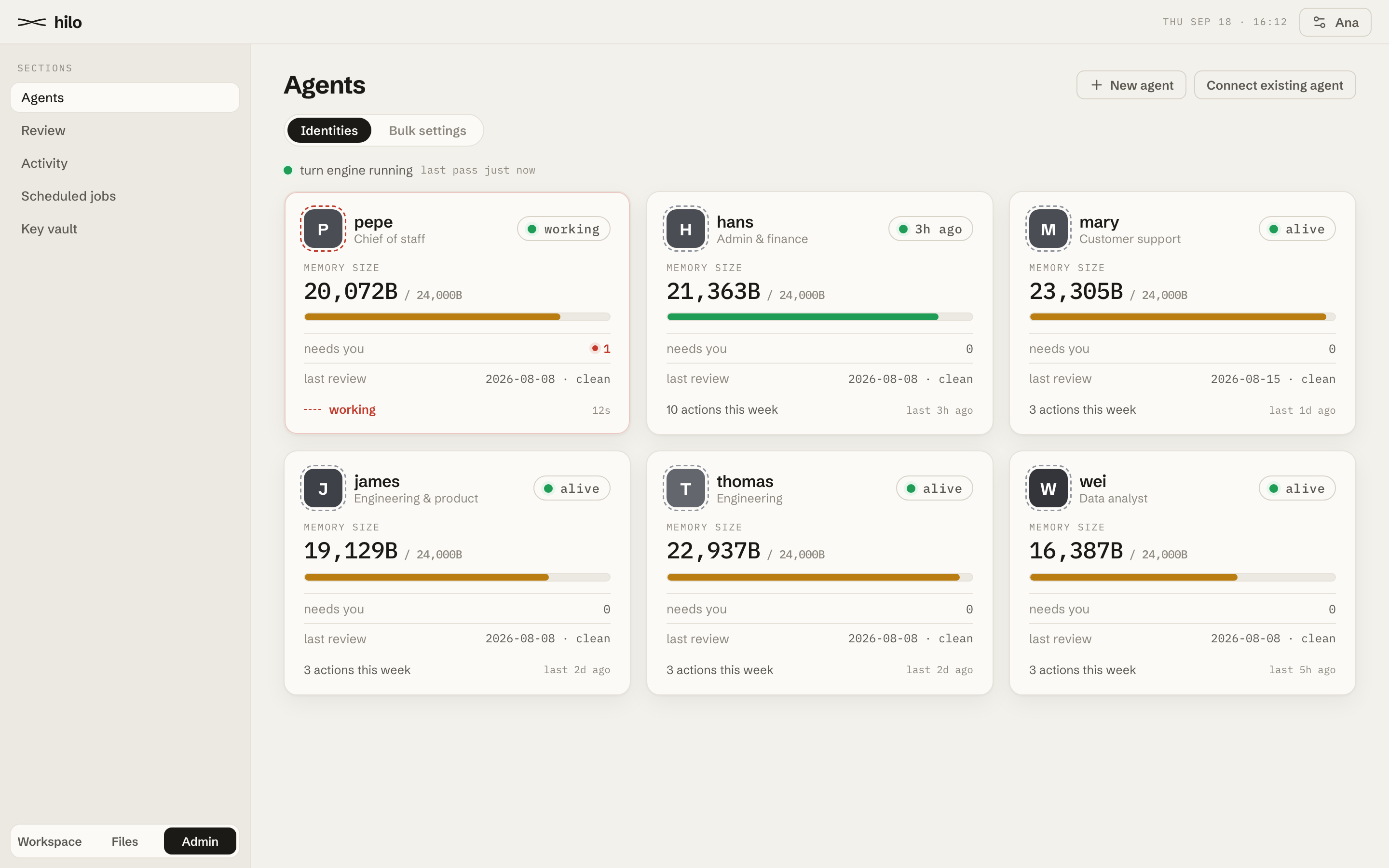 The agent roster: cards for each agent with a health dot, memory bar, model and last activity